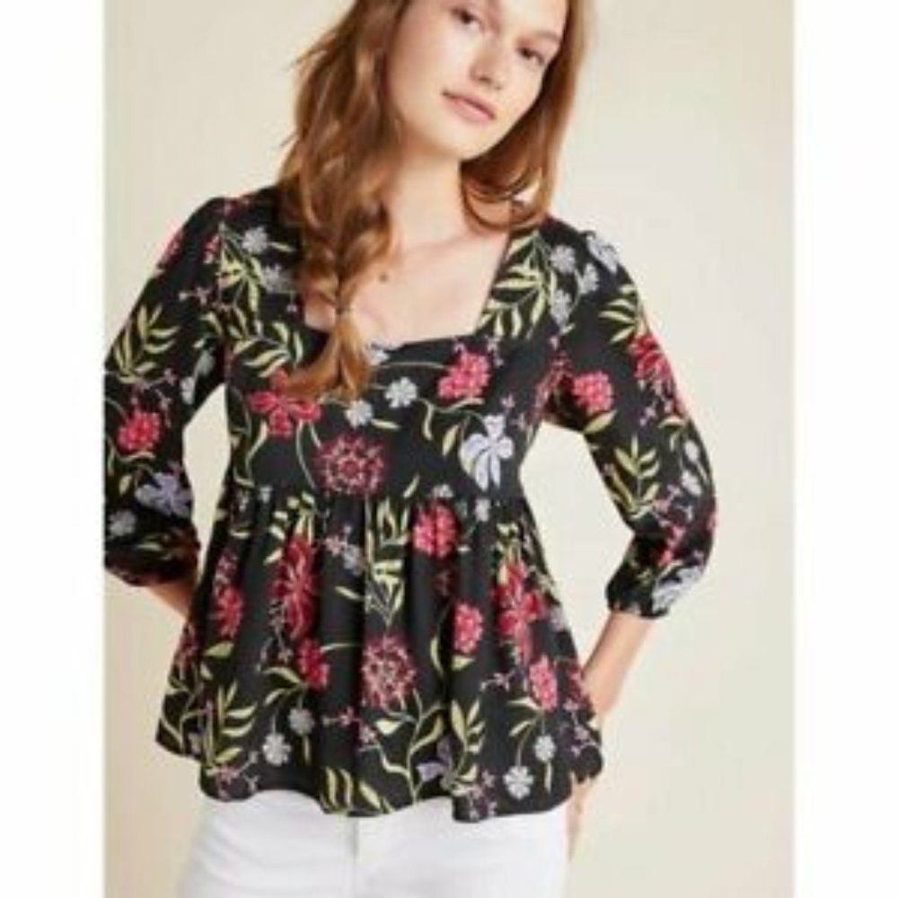 NWT ANTHROPOLOGIE Dolan Left Coast Cherie Floral 3/4 Sleeve Babydoll Top Size S